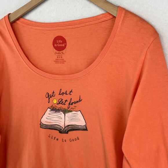 LIFE IS GOOD Shirt Womens L Get Lost Get Found Book Crusher Tee Cotton Orange - Picture 6 of 12